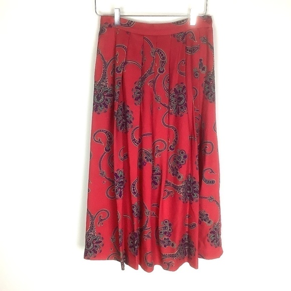 Talbots Vintage Pleated Paisley Wool Silk Blend Broomstick Skirt Red 8 - Picture 8 of 16